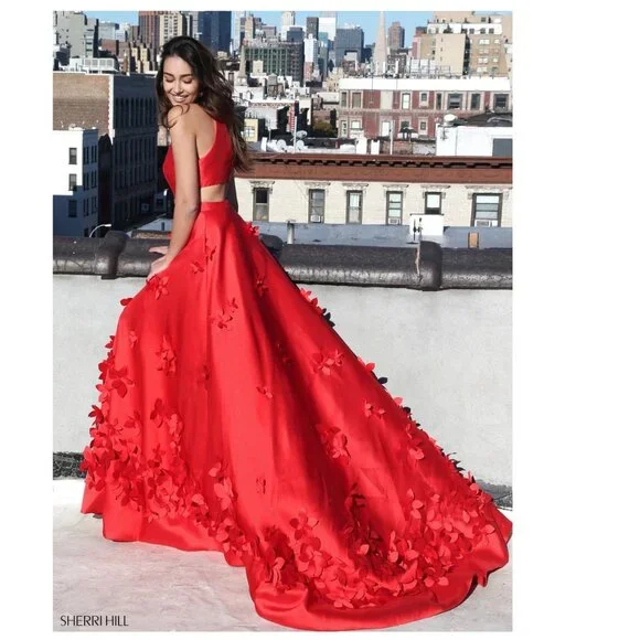 SHERRI HILL Formal Dress Sleeveless A-Line Gown Flower Petal Appliques Red Sz 2 - Picture 3 of 14
